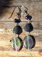 Load image into Gallery viewer, Amethyst, Fluorite, and Lava Stone Earrings