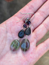 Load image into Gallery viewer, Amethyst, Fluorite, and Lava Stone Earrings