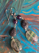 Load image into Gallery viewer, Amethyst, Fluorite, and Lava Stone Earrings