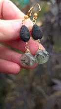 Load image into Gallery viewer, Prehnite with Green Tourmaline and Epidote and Lava Stone Diffuser Earrings