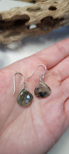 Load image into Gallery viewer, Prehnite & Black Tourmaline Polished Heart Drop Earrings